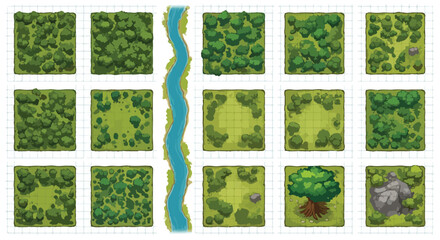 Top-down vector game tileset featuring various green forest sections, a winding blue river, and a large isolated tree with rocks, suitable for map creation. © sweet.love.com