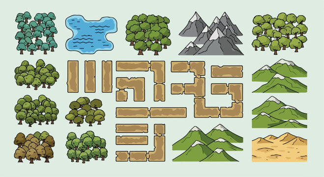 Pixel art vector game assets featuring various green trees, snow-capped mountains, a blue lake, and brown dirt paths, isolated on a light mint background.