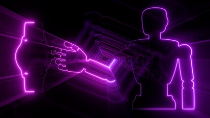 Fototapeta premium Futuristic neon robot silhouette touching virtual digital interface in abstract cyber tunnel, artificial intelligence and technology concept, 3d rendering
