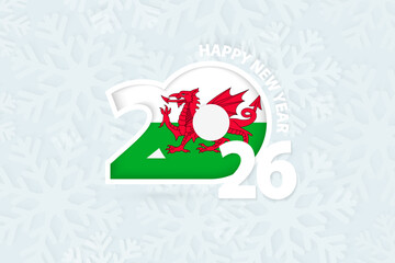 New Year 2026 for Wales on snowflake background.