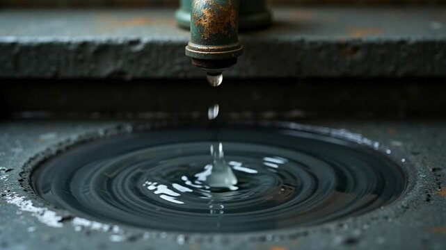Close-up of Weathered Faucet Pouring Water into Dark Basin, Creating Gentle Ripples on Calm Surface
