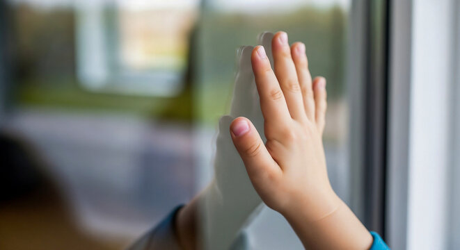 Toddler&rsquo;s hand on window glass symbolizing curiosity and discovery