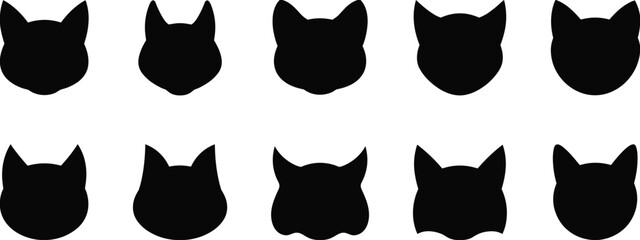 Cat head silhouettes set, black feline face icons collection, cute kitty avatar shapes isolated on white background © Amena