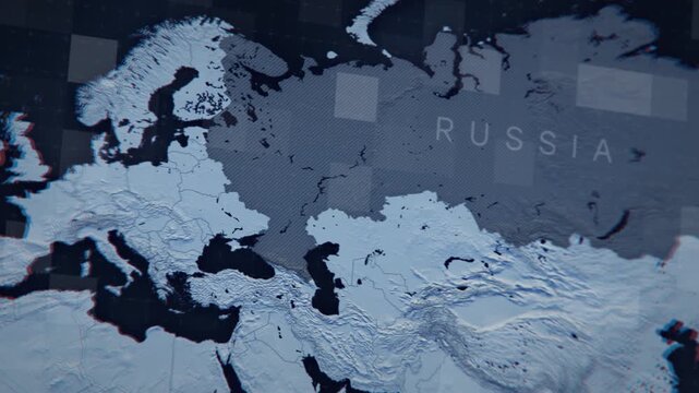 Aerial view of a detailed 3D map of Russia. Cinematic flight over the country. Perfect for backgrounds, news, or travel projects