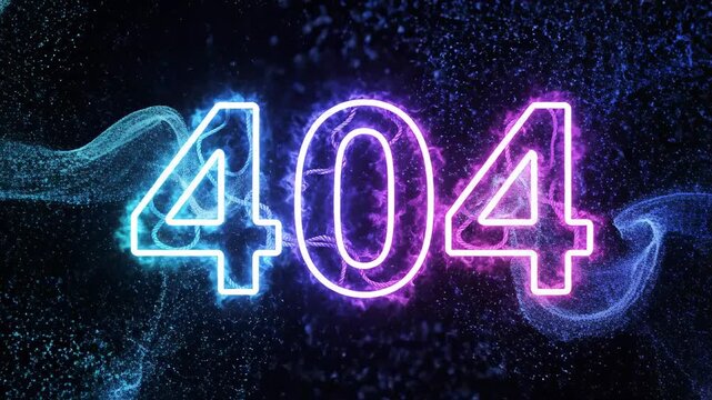 Glitch in the matrix. Neon glowing 404 number surrounded by blue and purple particle dust for website error pages or abstract tech concepts.