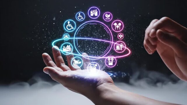 Hand presenting digital icons in futuristic interface