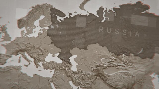 Aerial view of a detailed 3D map of Russia. Cinematic flight over the country. Perfect for backgrounds, news, or travel projects