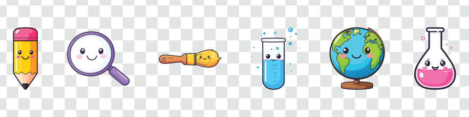 Smiling Education and Science Tools Cute Pencil, Globe, Test Tube, Paintbrush, Magnifier and Flask Vector Set © Masud