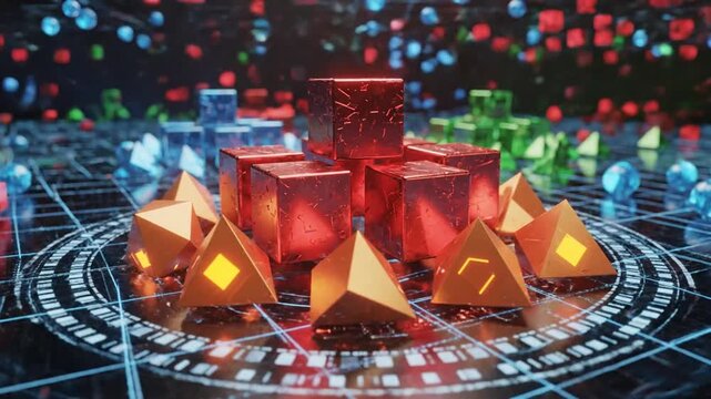 3D rendering of red cubes and orange pyramids on a circular platform with a grid background and colorful lights.