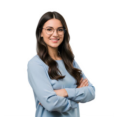 Smart woman with glasses and crossed arms isolated on transparent background