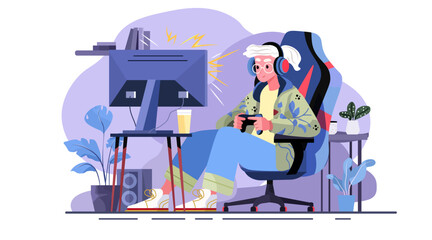 Plakat Senior gamer playing video games modern lifestyle elderly woman with headphones game controller at computer desk home interior plants
