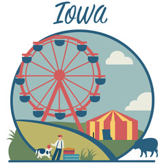 Colorful Iowa Fair Illustration with Giant Ferris Wheel and Carnival Tents