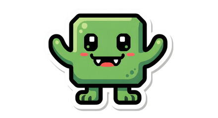 Obraz premium Cute green square monster cartoon character with big eyes and a happy smile, raising its arms in a friendly gesture, isolated on white.