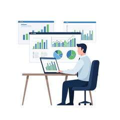 Business analyst working on laptop with financial charts and graphs on screens