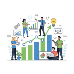 Business growth concept: team analyzing charts and graphs with rising arrow and lightbulb