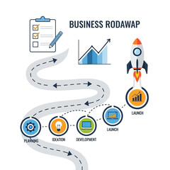 Business Roadmap: Planning, Ideation, Development, Launch with Rocket and Growth Chart