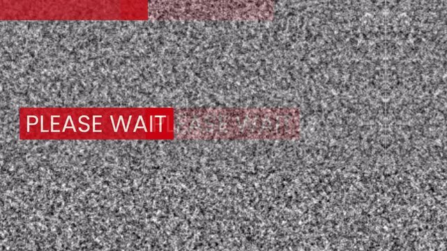 4k animation please wait noise with glitch error message with red overlay bars and distortion effect