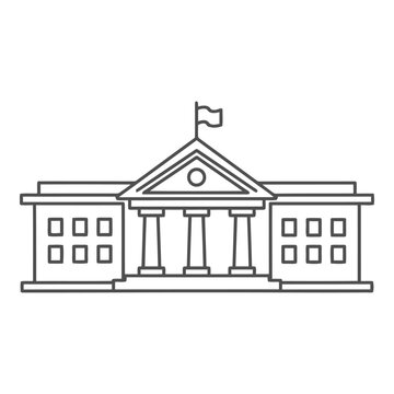 A line drawing of a government building with columns and a flag on top in a simple style