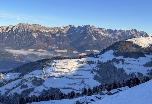 Mountain landscape in winter, rocky mountains of the Wilder Kaiser, Hochs&ouml;ll, Kitzb&uuml;hel Alps, Tyrol, Austria