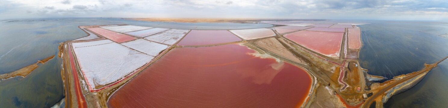 Aerial view of colorful dry pools with salt, saline near Walvis Bay, Namibia