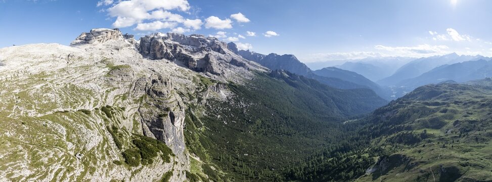 Impressive mountain peaks of the Brenta Mountains, 360 degree alpine panorama, evening mood, aerial view, Brenta, Brenta-Adamello Natural Park, Trentino, Italy