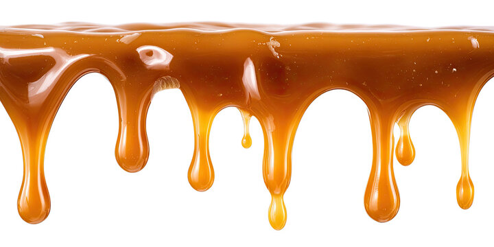 Caramel Drizzle: Close-up of glossy, golden caramel sauce dripping down, inviting indulgence and sweetness.
