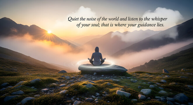 Person meditating in serene mountain landscape with inspirational quote in warm golden lighting for mindfulness and wellness