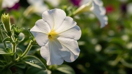 Fototapeta premium Close-up of a delicate white petunia flower with a yellow center in soft sunlight.