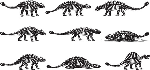 Ankylosaurus Skeleton Line Art Bundle ? Black and White Dinosaur Skeleton Icons.eps © luu