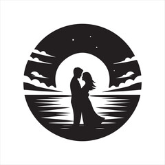 sunset couple vector silhouette line art logo concept illustration