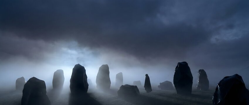 Mystical Stone Circle in Fog with Cloaked Figure