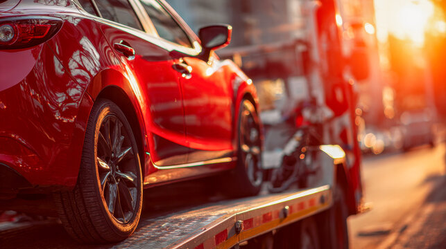 A shiny red car being transported on a tow truck platform during golden hour with city streets and warm sunlight in the background at sunset time