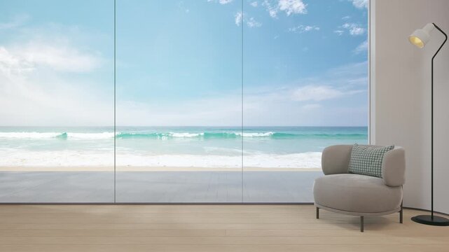 Minimalist living room with cozy armchair and floor lamp 3d rendering. Blue sky ocean beach view through large glass wall of calm interior for vacation relaxation.