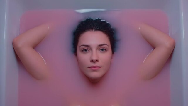 A beautiful woman relaxes in a bathtub filled with opaque pink milky water looking at the camera, symbolizing skin care wellness and feminine beauty in a luxury spa treatment context
