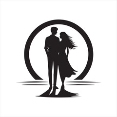 sunset couple vector silhouette line art logo concept illustration