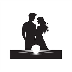 sunset couple vector silhouette line art logo concept illustration