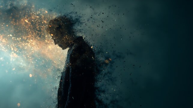 a human silhouette transforming from dark smoke into light particles, symbolizing overcoming fear, cinematic surreal composition, dramatic lighting 