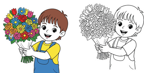 Happy Little Boy Holding a Large, Colorful Bouquet of Flowers © MdAbdul