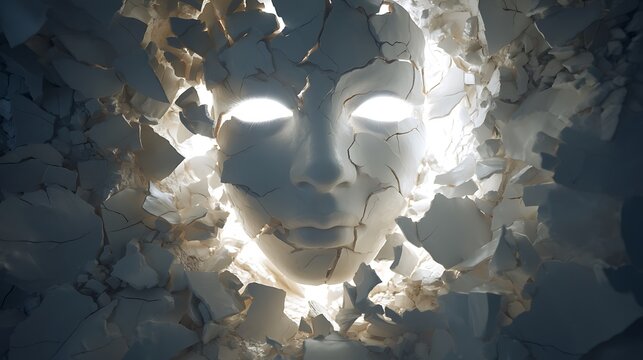 broken porcelain mask floating around a glowing human core, concept of rebuilding self after emotional collapse 