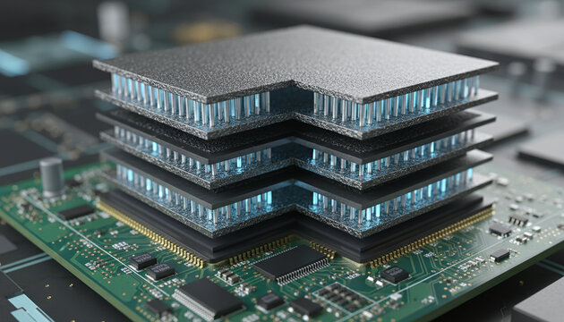 High Bandwidth Memory HBM chip stack cross section on circuit board