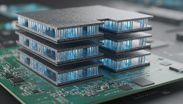 High Bandwidth Memory HBM chip stack cross section on circuit board