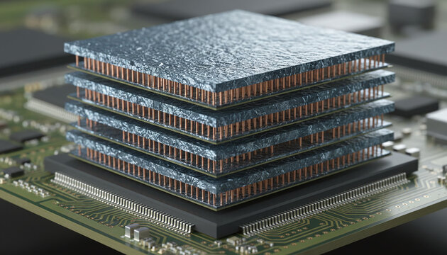 High Bandwidth Memory HBM chip stack cross section on circuit board