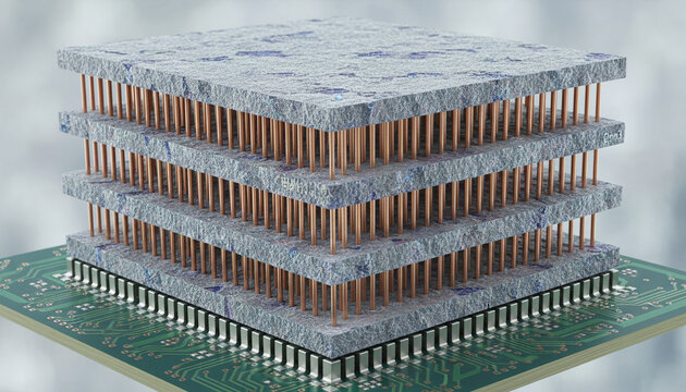 High Bandwidth Memory HBM chip stack cross section on circuit board