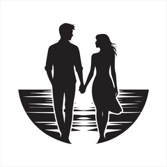 sunset couple vector silhouette line art logo concept illustration