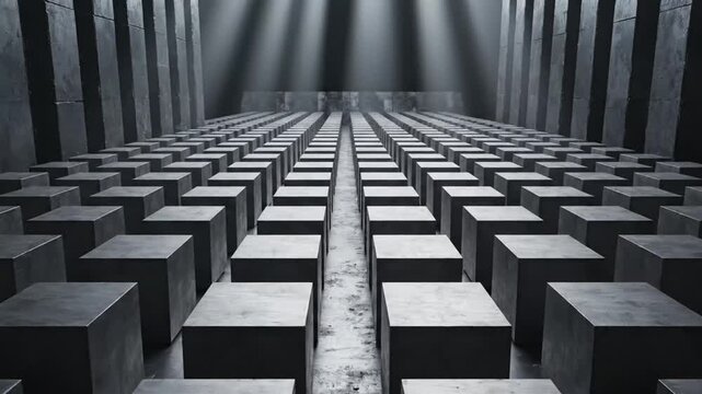 Low-angle shot of rows of gray concrete blocks in a dark room with vertical light beams, creating a dramatic and mysterious atmosphere.