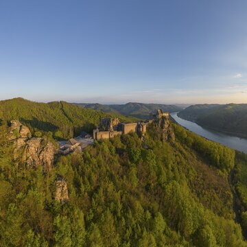 Drone shot of Aggstein Ruin at sunrise with Danube, Wachau, Sch&ouml;nb&uuml;hel-Aggsbach, Lower Austria, Austria