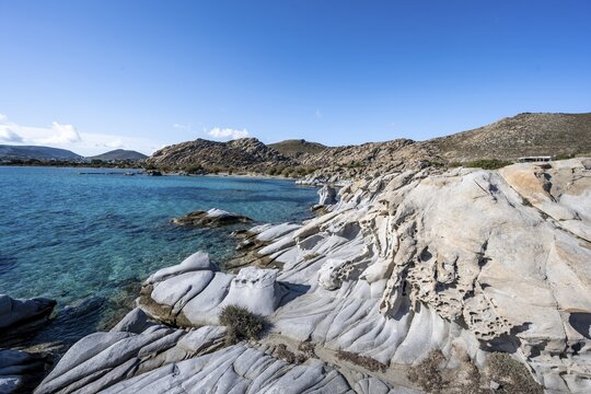 Rock formations on the coast with turquoise sea, Kolimbithres beach, Paros, Cyclades, Aegean Sea, Greece