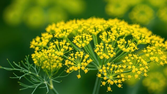 Close-up of a vibrant yellow dill flower in full bloom with a blurred green background.