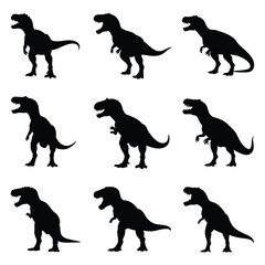 Silhouette depictions of multiple tyrannosaurus rex dinosaurs in various poses © nurungraphic