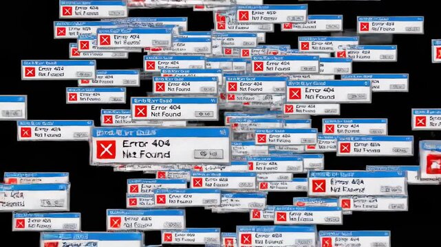 Glitch in the matrix: A swarm of retro computer 404 Not Found error windows on black, symbolizing data loss or internet connectivity issues.